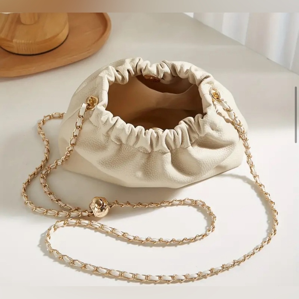 Pleated Leather Crossbody Bag w/ Gold Adjustable Chain